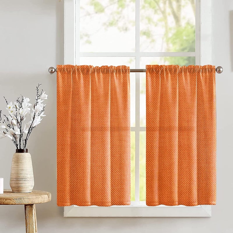 Faux Burlap Tier Window Valance 2 Piece Set Home Décor Bedroom Nursery Kitchen Window (Orange)